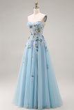 Floral Blue Tulle A Line Sweetheart Long Corset Prom Dress with Slit