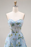 Floral Blue Tulle A Line Sweetheart Long Corset Prom Dress with Slit