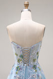 Floral Blue Tulle A Line Sweetheart Long Corset Prom Dress with Slit