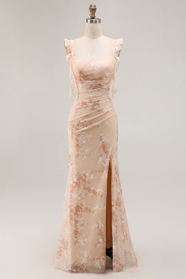 Champagne Mermaid Floral Long Bridesmaid Dress with Slit