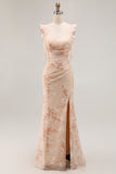 Champagne Mermaid Floral Long Bridesmaid Dress with Slit