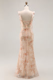 Champagne Mermaid Floral Long Bridesmaid Dress with Slit