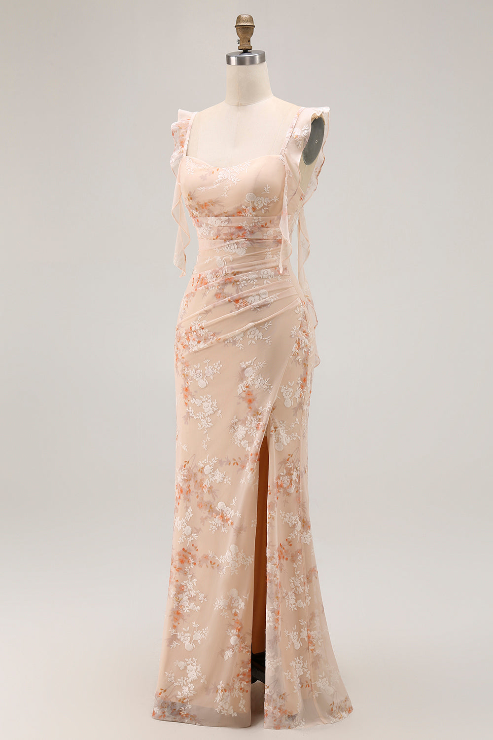 Champagne Mermaid Floral Long Bridesmaid Dress with Slit