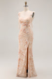 Champagne Mermaid Floral Long Bridesmaid Dress with Slit