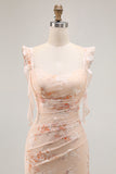 Champagne Mermaid Floral Long Bridesmaid Dress with Slit