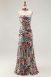 Blue Red Floral Neck Scarf Long Wedding Guest Dress with Slit