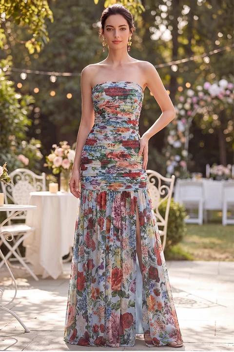 ZAPAKA Women Strapless Blue Red Flower Long Bridesmaid Dress with Neck Scarf Ruched Wedding Guest Dress with Slit, Blue Red Flower / UK12