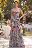 Blue Red Floral Neck Scarf Long Wedding Guest Dress with Slit