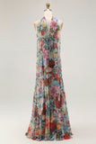 Blue Red Floral Neck Scarf Long Wedding Guest Dress with Slit