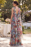 Blue Red Floral Neck Scarf Long Wedding Guest Dress with Slit