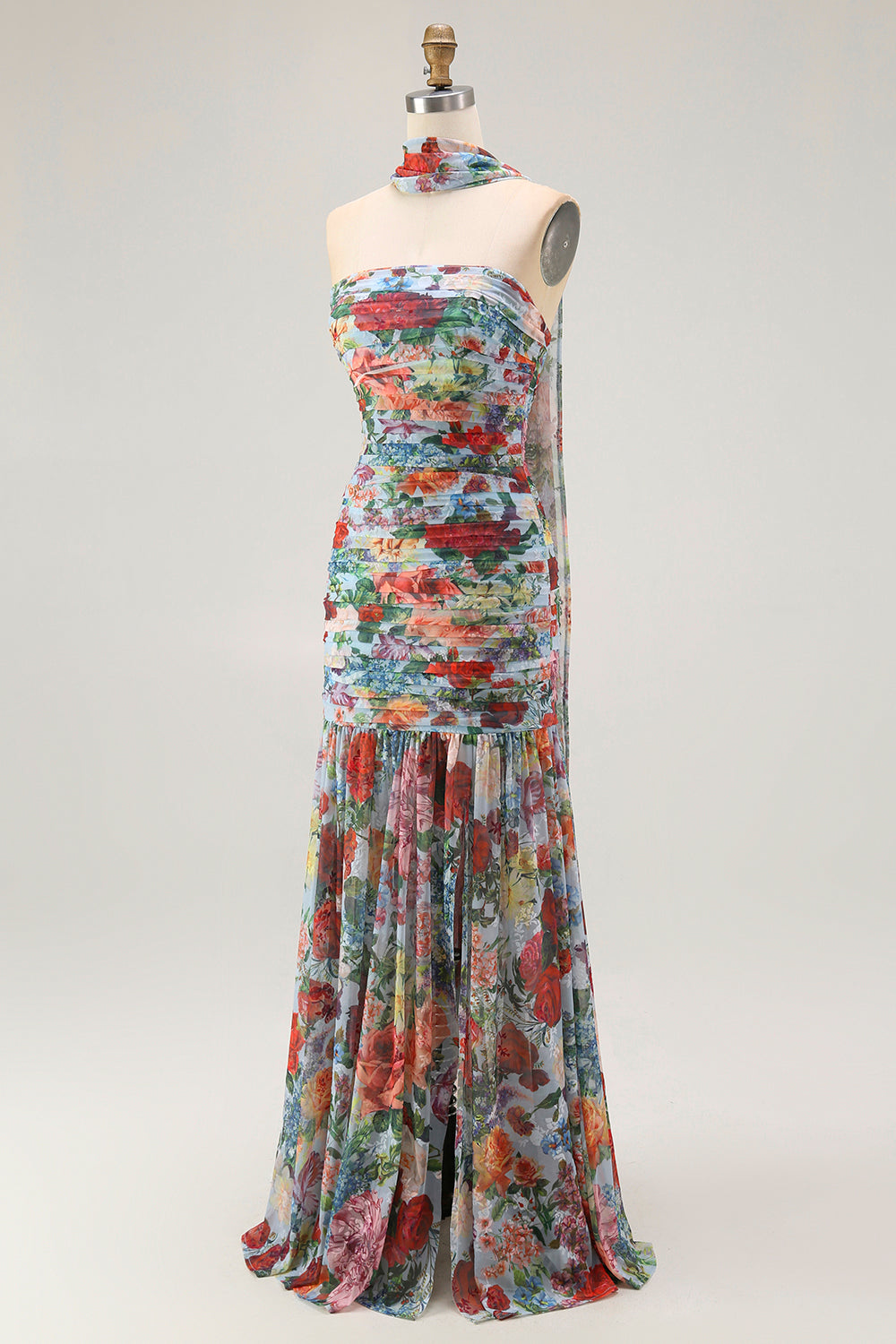 Blue Red Floral Neck Scarf Long Wedding Guest Dress with Slit