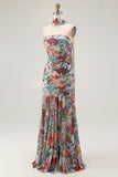 Blue Red Floral Neck Scarf Long Wedding Guest Dress with Slit