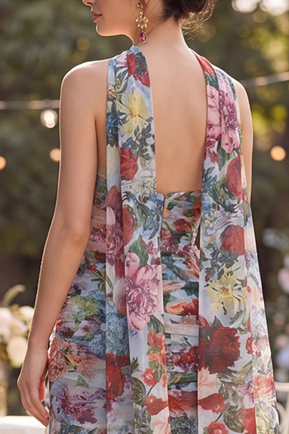 Blue Red Floral Neck Scarf Long Wedding Guest Dress with Slit