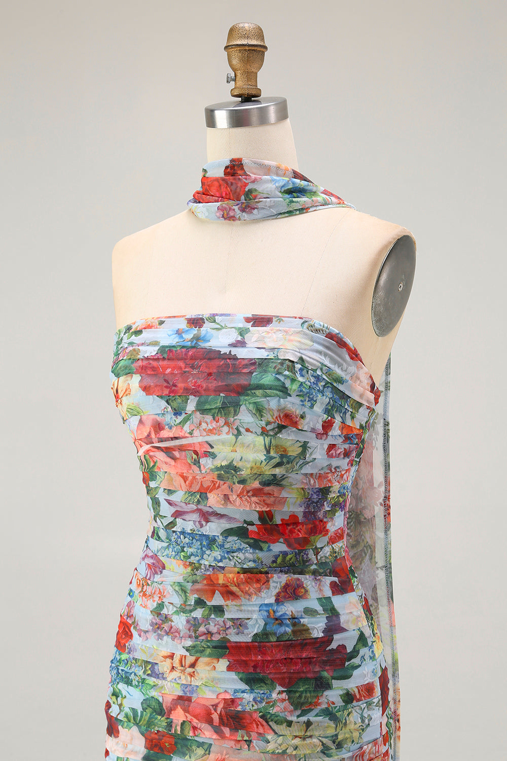 Blue Red Floral Neck Scarf Long Wedding Guest Dress with Slit