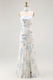 White Blue Neck Scarf Floral Long Bridesmaid Dress with Slit
