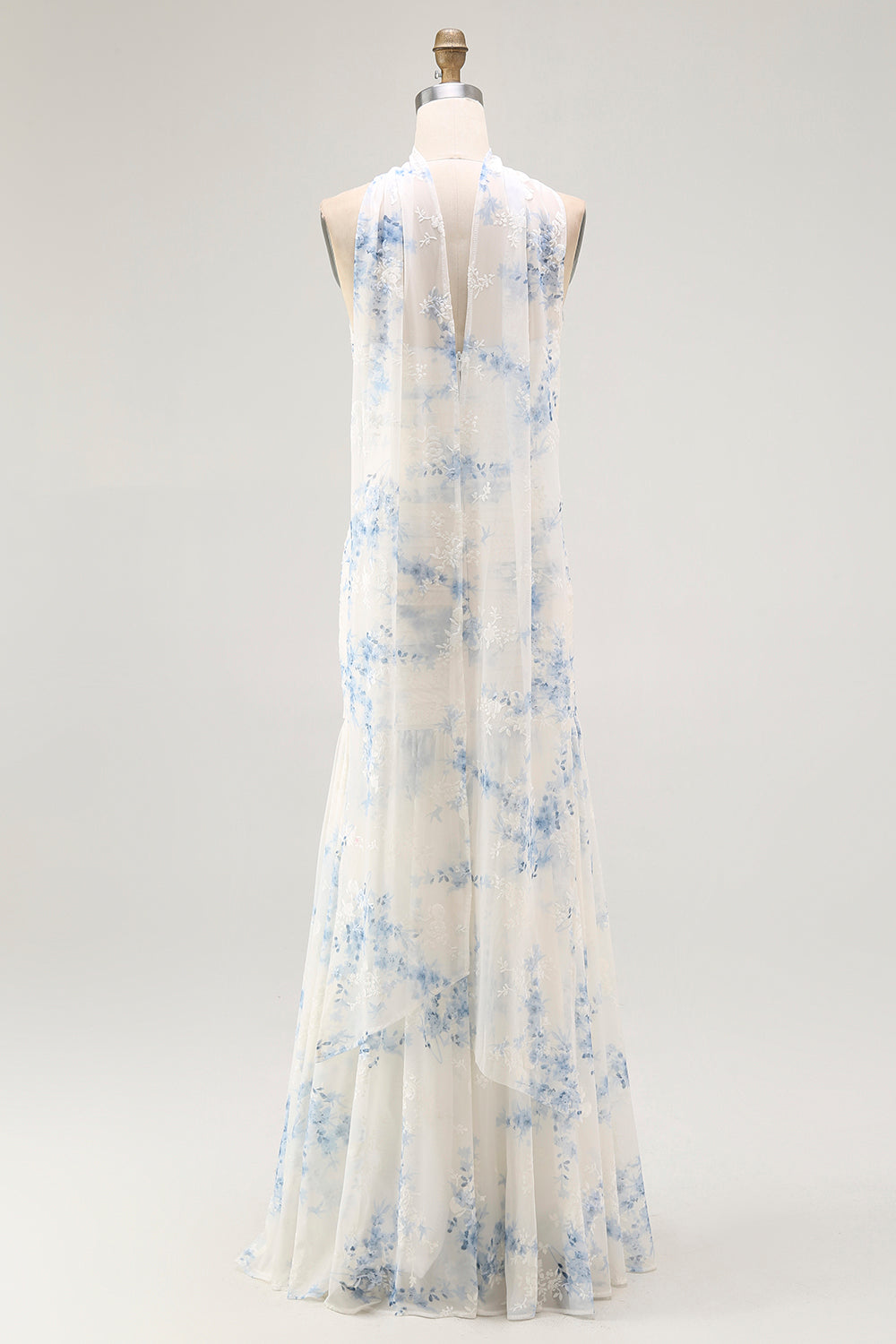 White Blue Neck Scarf Floral Long Bridesmaid Dress with Slit