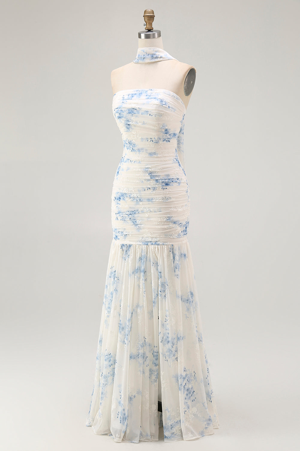 White Blue Neck Scarf Floral Long Bridesmaid Dress with Slit