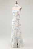 White Blue Neck Scarf Floral Long Bridesmaid Dress with Slit