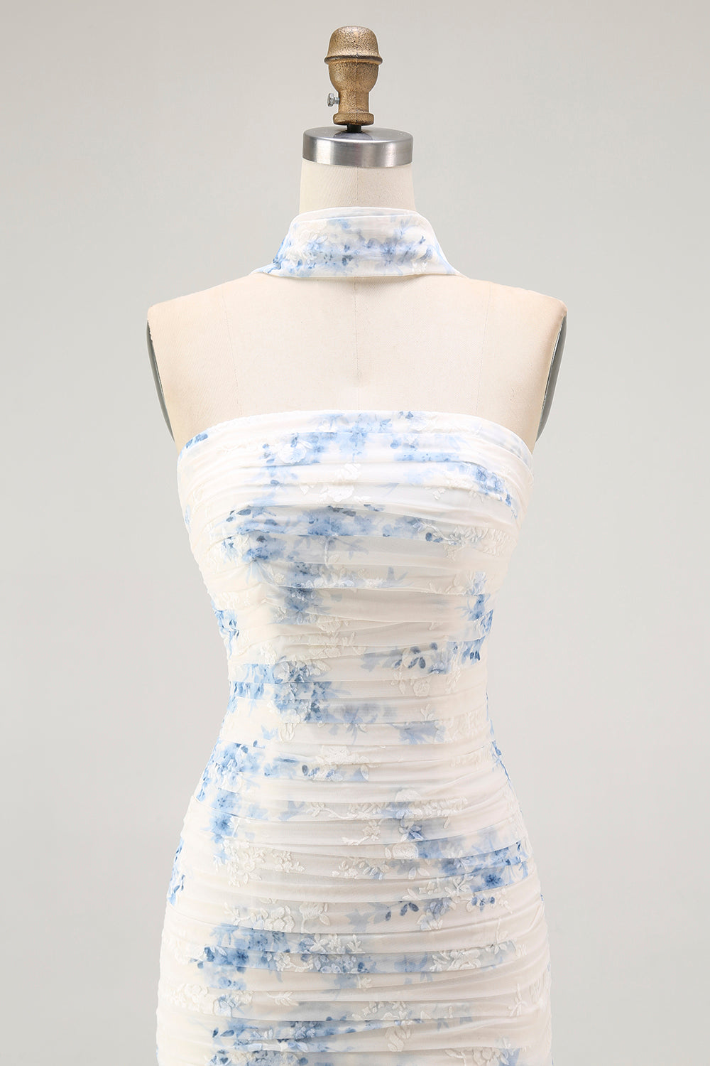 White Blue Neck Scarf Floral Long Bridesmaid Dress with Slit