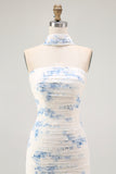 White Blue Neck Scarf Floral Long Bridesmaid Dress with Slit