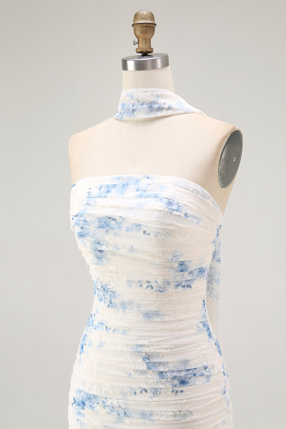 White Blue Neck Scarf Floral Long Bridesmaid Dress with Slit