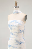 White Blue Neck Scarf Floral Long Bridesmaid Dress with Slit
