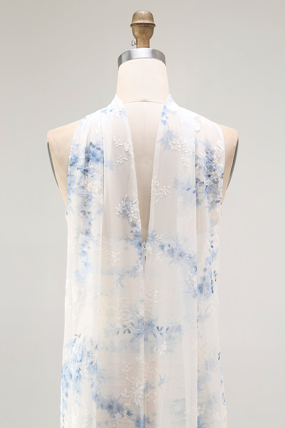 White Blue Neck Scarf Floral Long Bridesmaid Dress with Slit