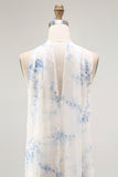White Blue Neck Scarf Floral Long Bridesmaid Dress with Slit