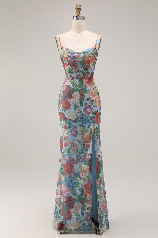 Blue Floral Spaghetti Straps Long Wedding Guest Dress with Slit
