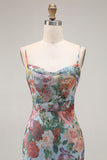 Blue Floral Spaghetti Straps Long Wedding Guest Dress with Slit