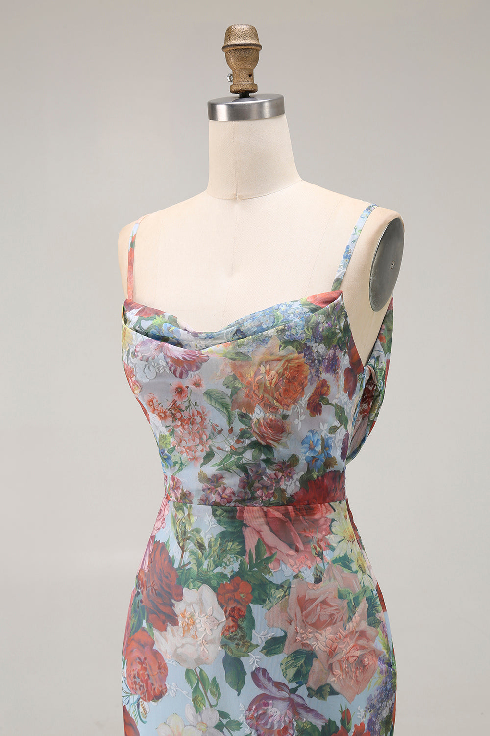 Blue Floral Spaghetti Straps Long Wedding Guest Dress with Slit