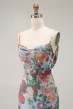 Blue Floral Spaghetti Straps Long Wedding Guest Dress with Slit