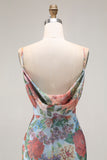 Blue Floral Spaghetti Straps Long Wedding Guest Dress with Slit