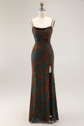 Dark Green Mermaid Velvet Long Wedding Guest Dress with Slit