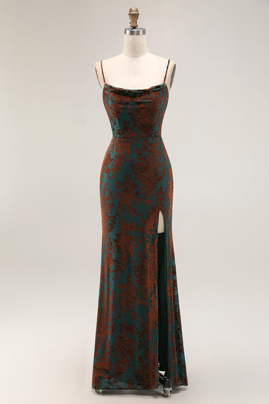 Dark Green Mermaid Velvet Long Wedding Guest Dress with Slit