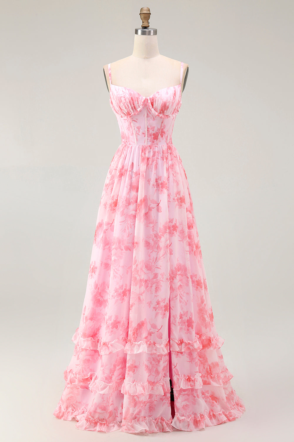 Pink Floral Corset A Line Long Bridesmaid Dress with Slit