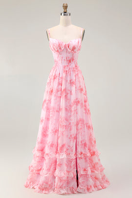 Pink Floral Corset A Line Long Bridesmaid Dress with Slit