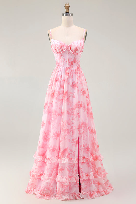 Pink Floral Corset A Line Long Bridesmaid Dress with Slit