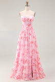 Pink Floral Corset A Line Long Bridesmaid Dress with Slit
