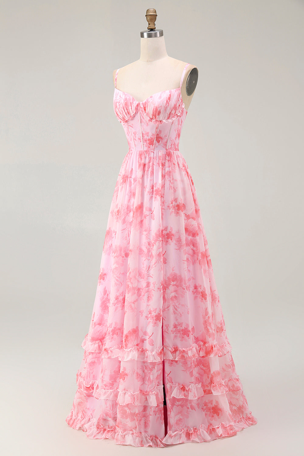 Pink Floral Corset A Line Long Bridesmaid Dress with Slit