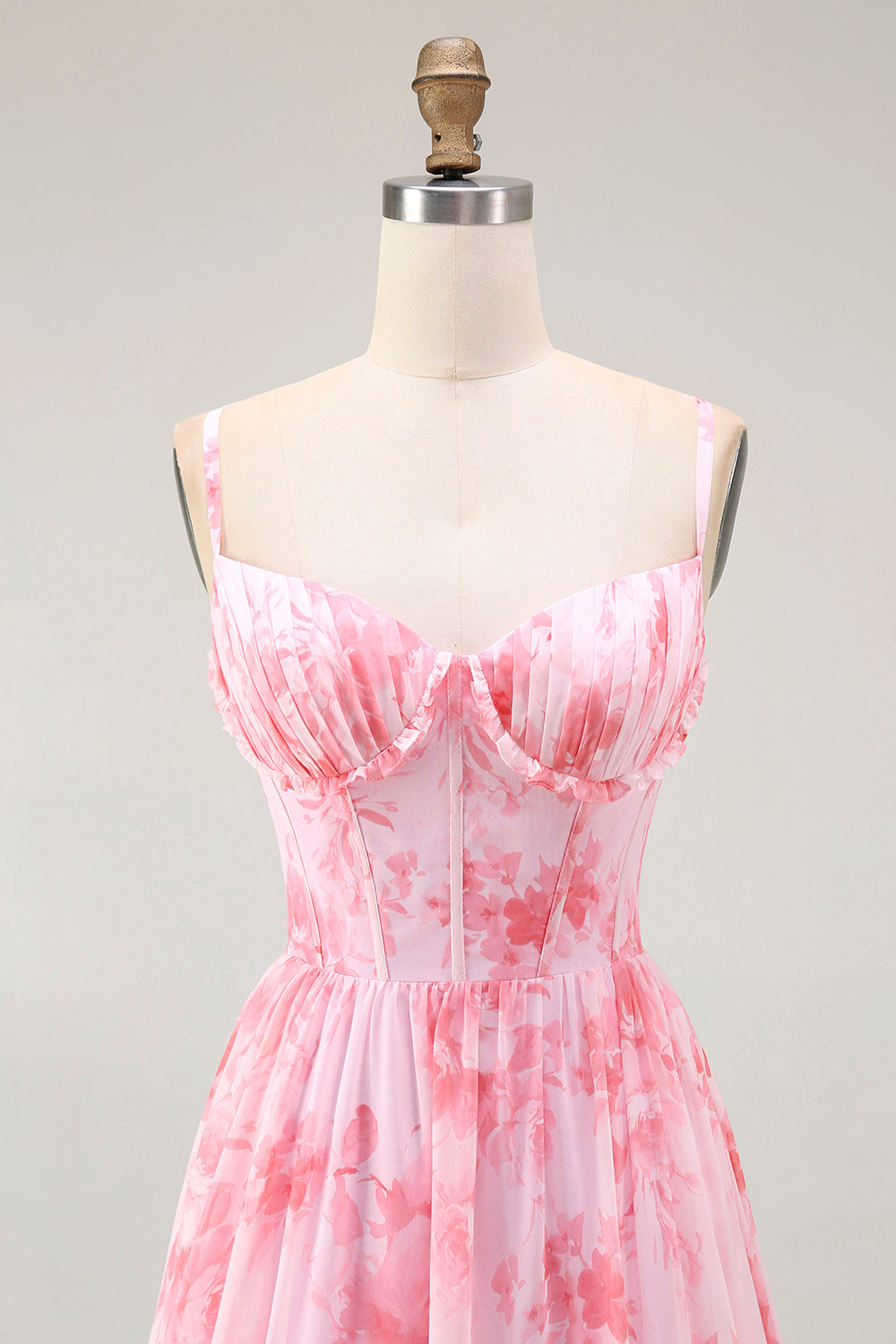 Pink Floral Corset A Line Long Bridesmaid Dress with Slit