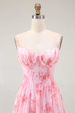 Pink Floral Corset A Line Long Bridesmaid Dress with Slit