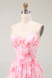 Pink Floral Corset A Line Long Bridesmaid Dress with Slit