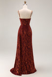 Burgundy Corset Spaghetti Straps Velvet Long Wedding Guest Dress with Slit
