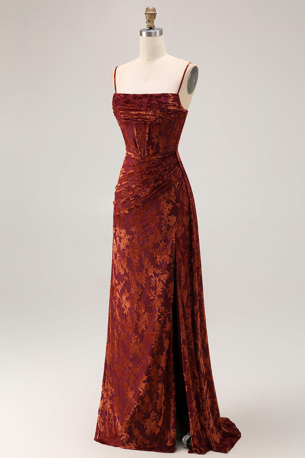 ZAPAKA Women Burgundy Corset Bridesmaid Dress Mermaid Burnout Velvet Long Wedding Guest Dress with Slit, Burgundy / US14
