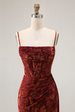 Burgundy Corset Spaghetti Straps Velvet Long Wedding Guest Dress with Slit