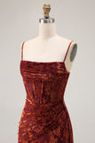 Burgundy Corset Spaghetti Straps Velvet Long Wedding Guest Dress with Slit