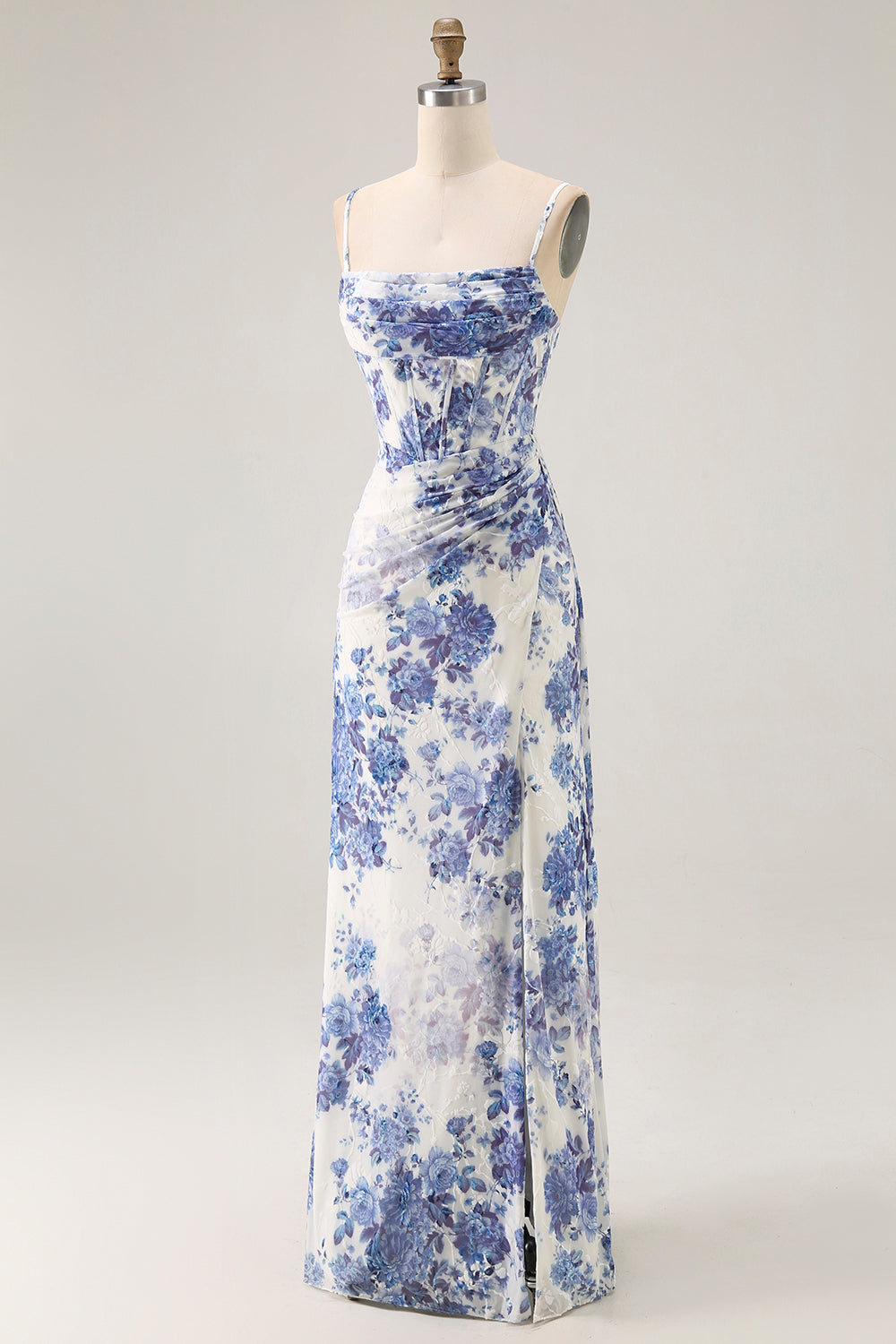 White Blue Corset Floral Sheath Long Bridesmaid Dress with Sit