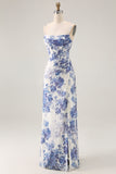 White Blue Corset Floral Sheath Long Bridesmaid Dress with Sit