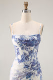 White Blue Corset Floral Sheath Long Bridesmaid Dress with Sit